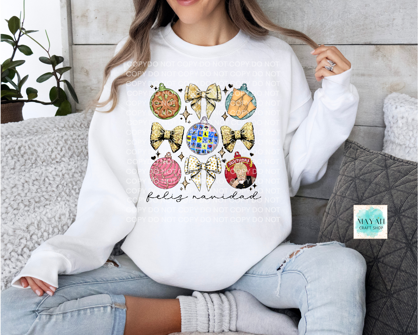 Mexican ornament bows white sweatshirt. -Mayan Craft Shop