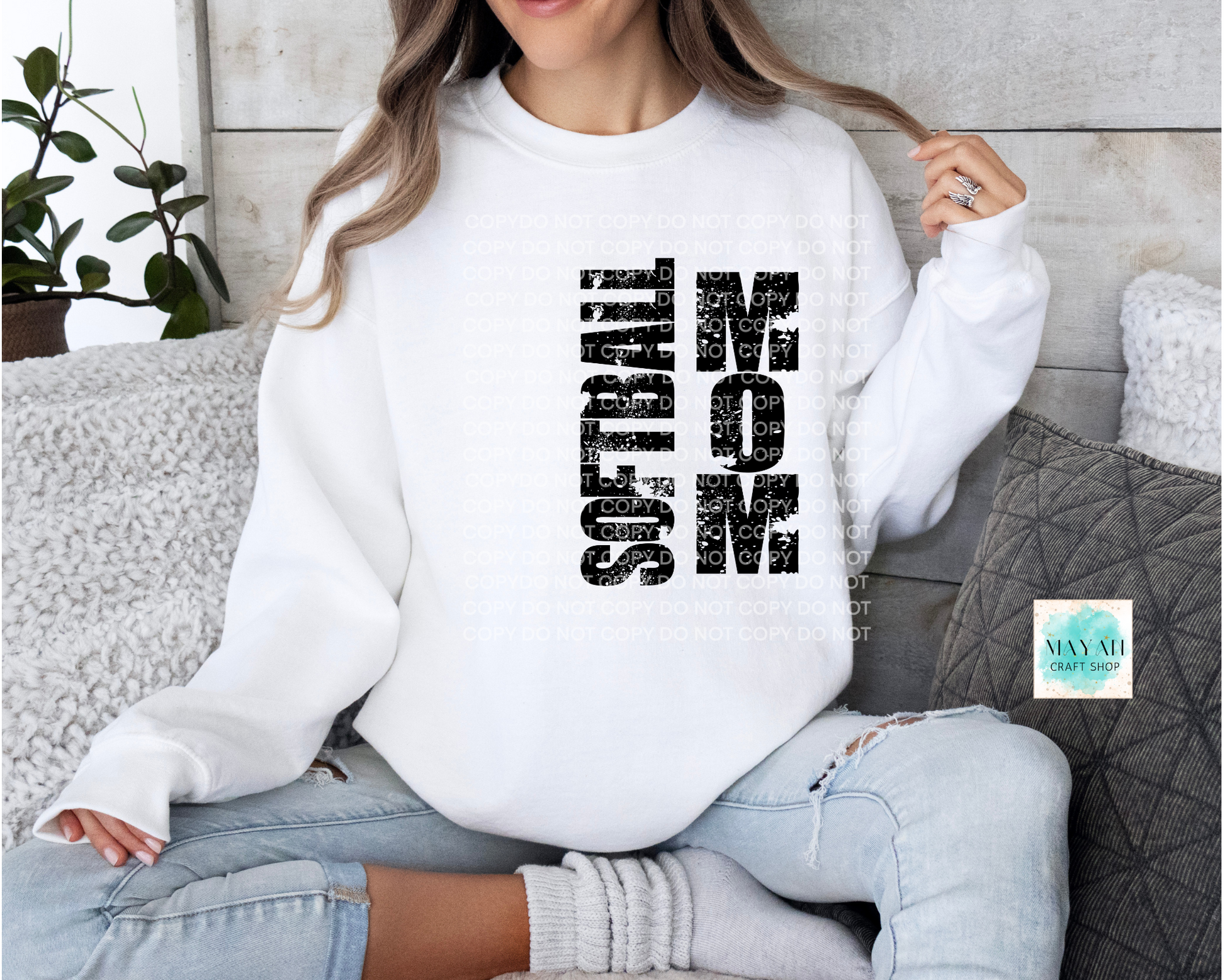 Softball mom white sweatshirt. -Mayan Craft Shop