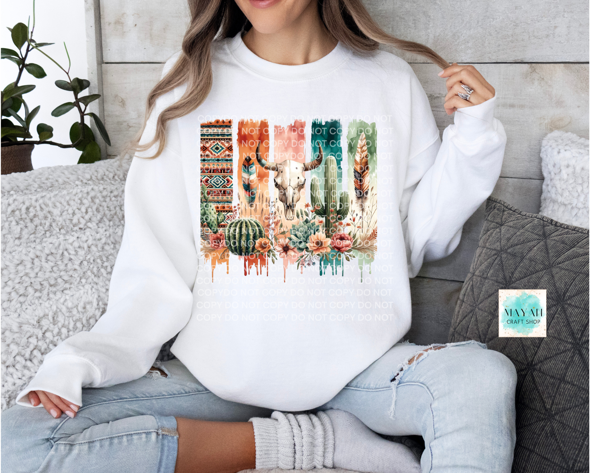 Western boho white sweatshirt. -Mayan Craft Shop