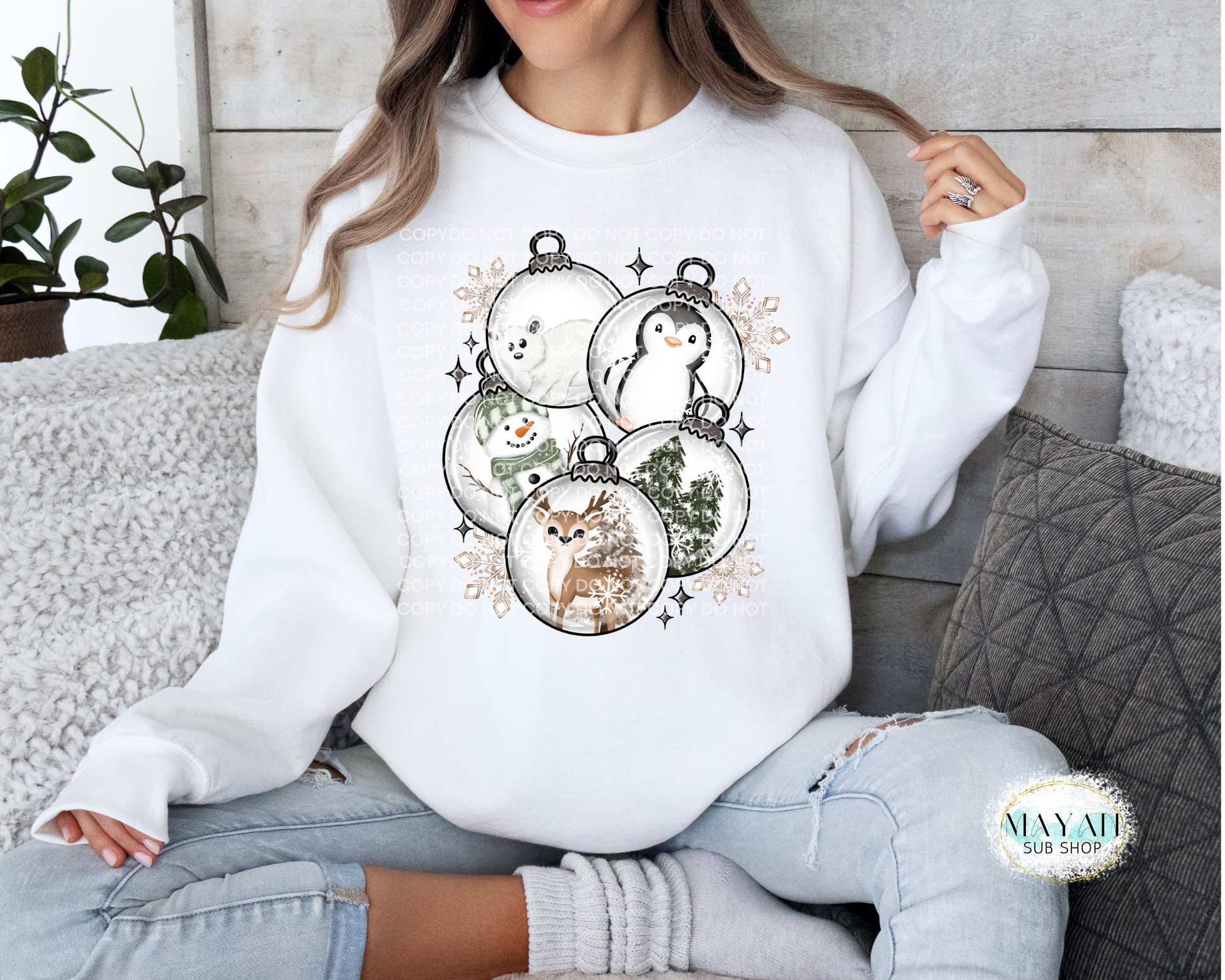 Winter ornaments white sweatshirt. -Mayan Sub Shop