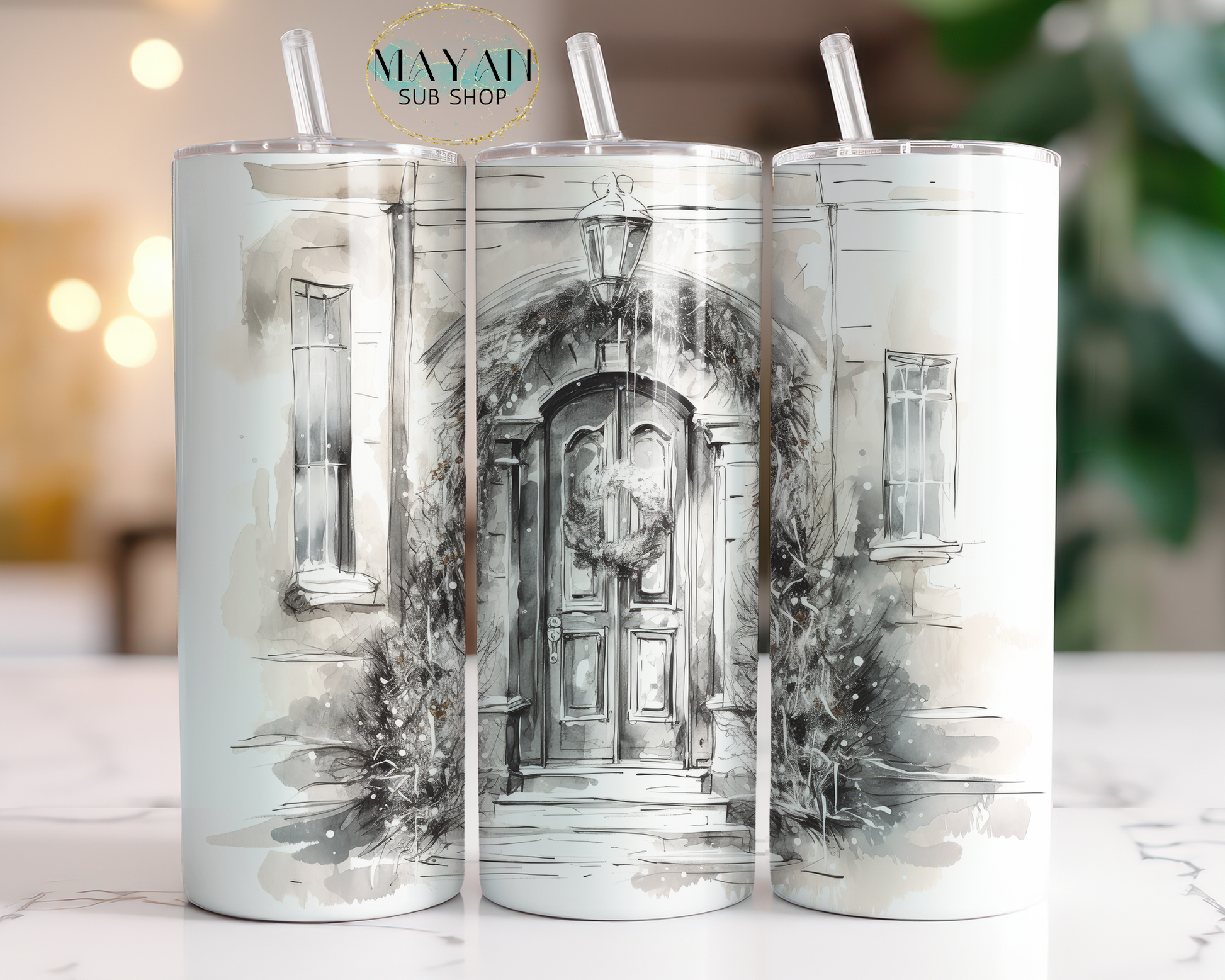 White winter front door 20 oz. skinny tumbler. -Mayan Sub Shop