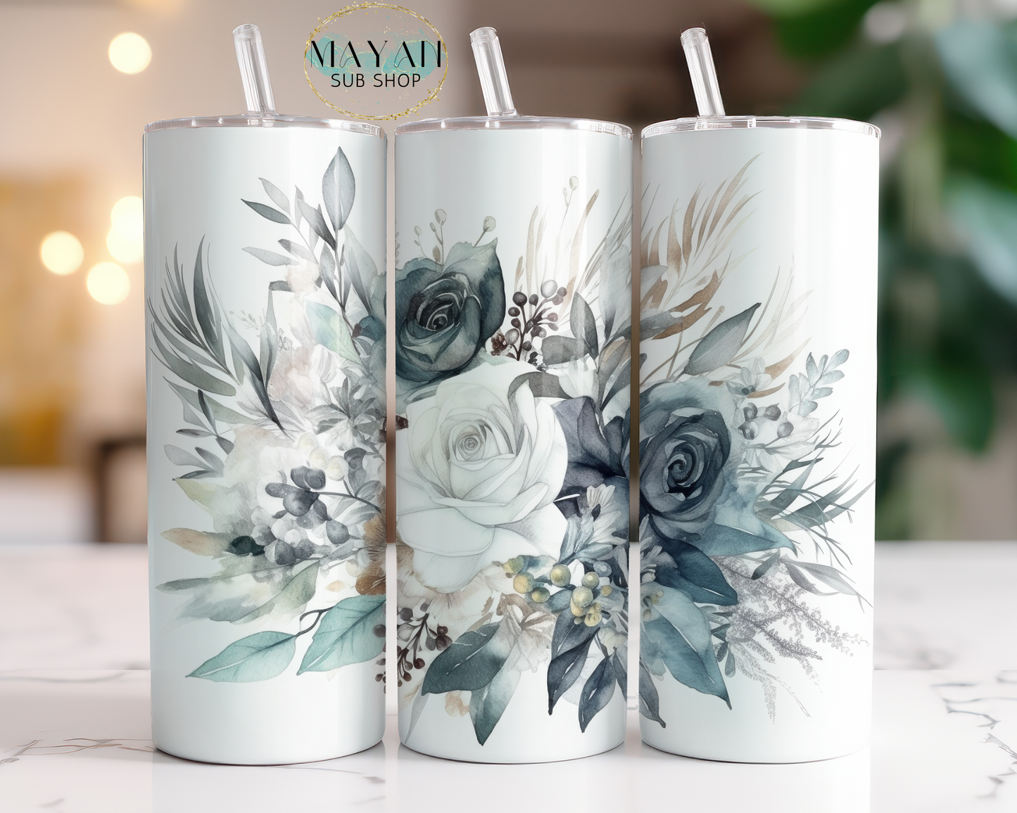 White winter bouquet #2 20 oz. skinny tumbler. -Mayan Sub Shop