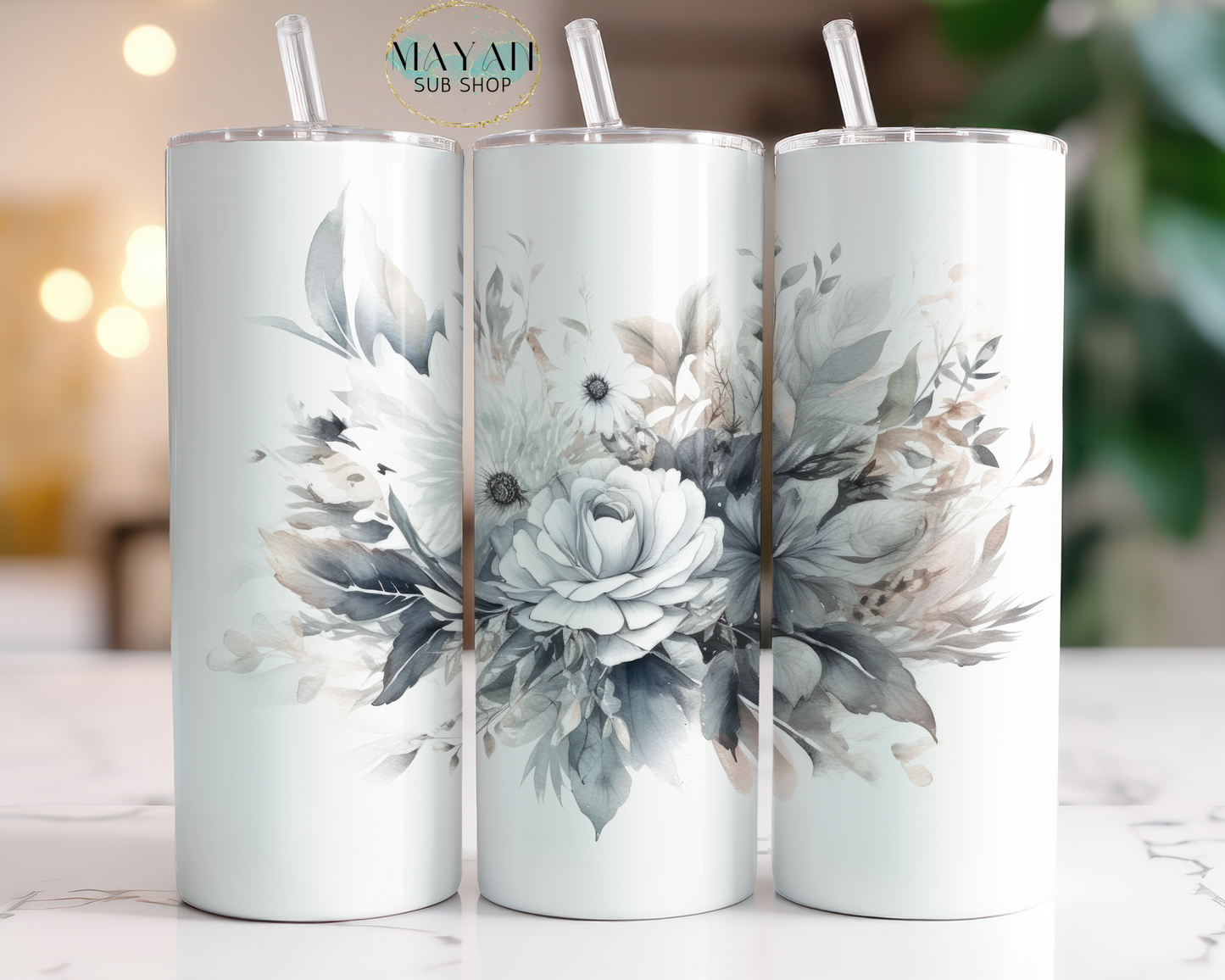 White winter bouquet #1 20 oz. skinny tumbler. -Mayan Sub Shop