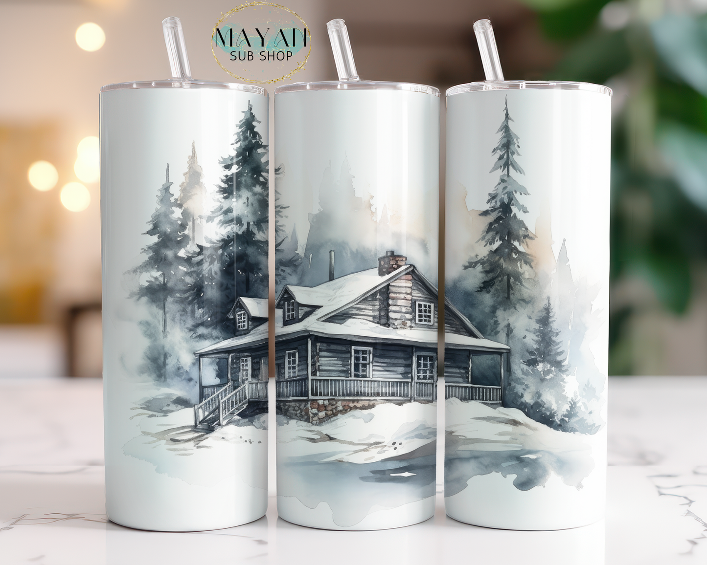 White winter cabin 20 oz. skinny tumbler. -Mayan Sub Shop