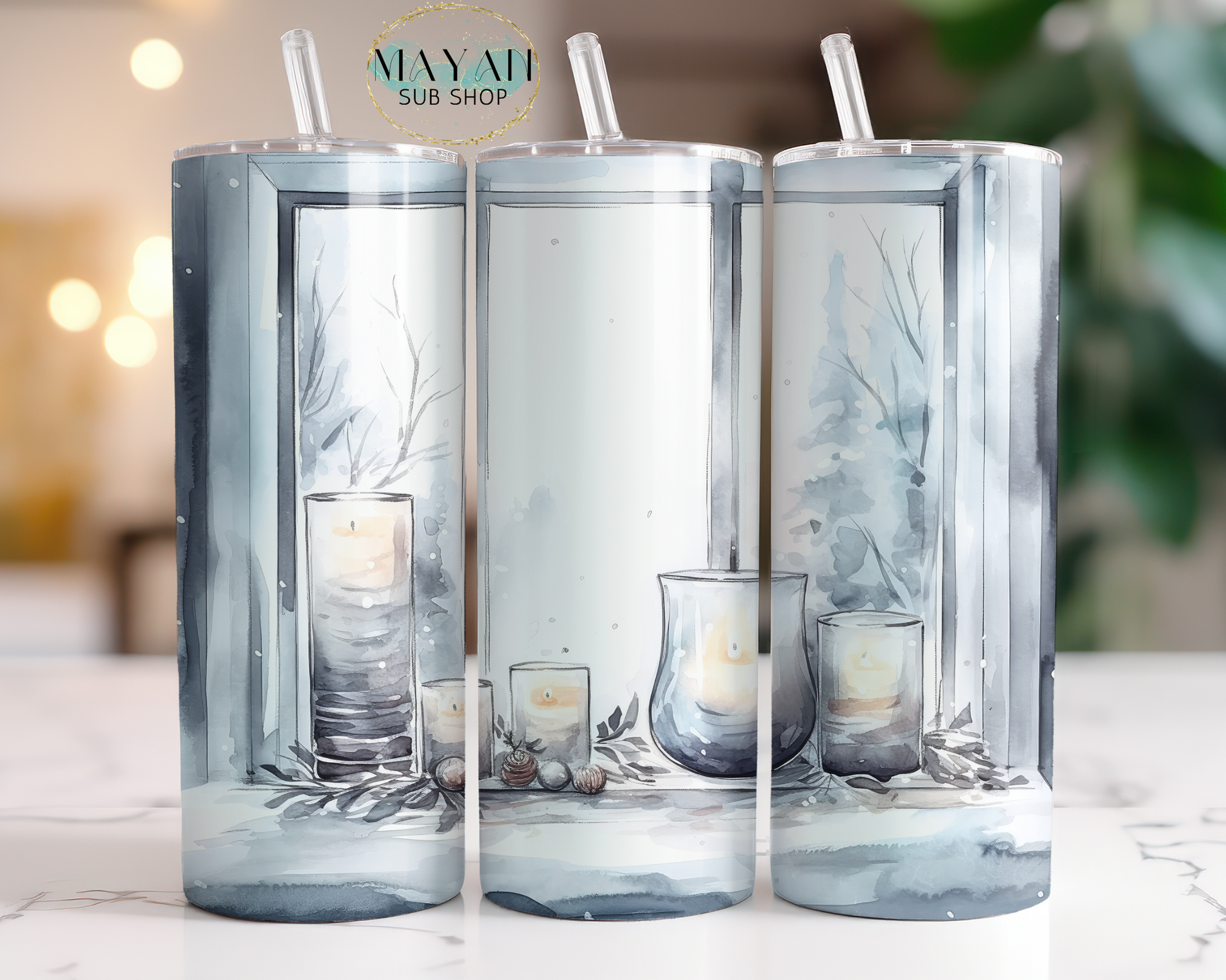 White winter candles 20 oz. skinny tumbler. -Mayan Sub Shop