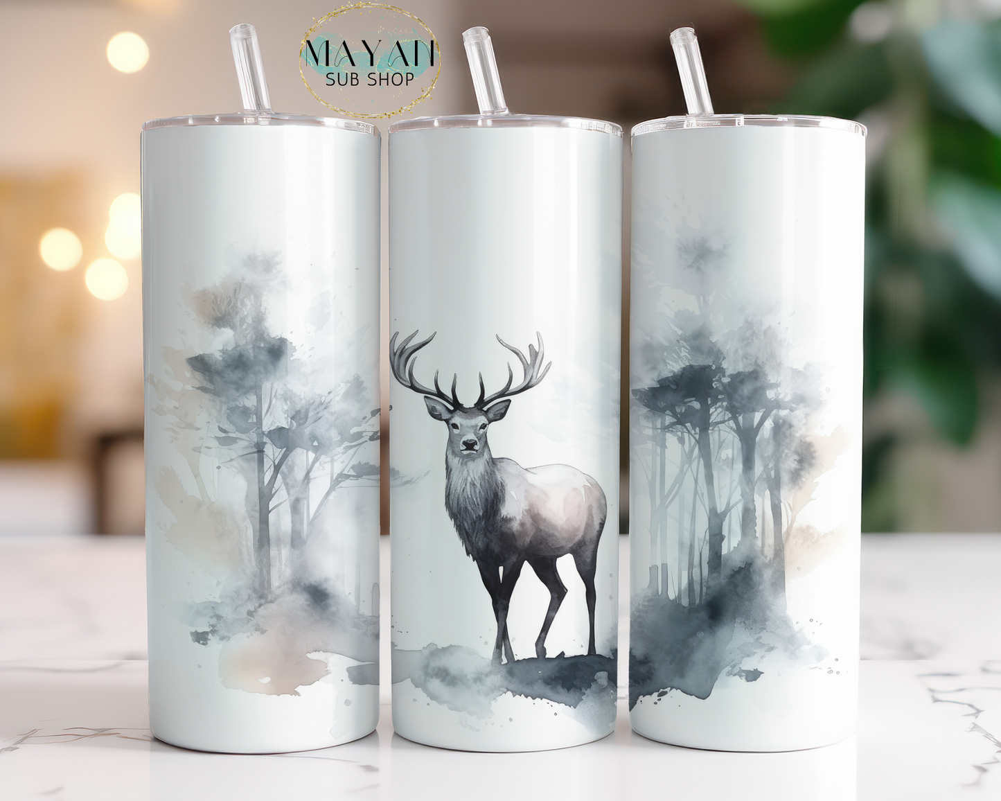 White winter deer 20 OZ skinny tumbler. -Mayan Sub Shop