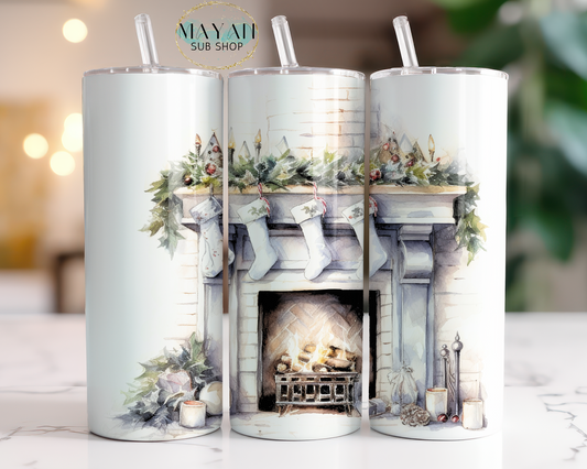 White winter fireplace 20 oz. skinny tumbler. -Mayan Sub Shop