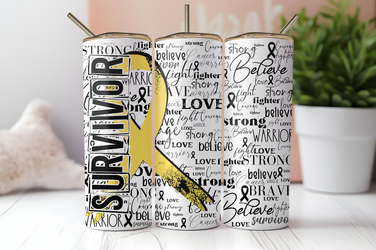 Yellow cancer survivor ribbon 20 oz. skinny tumbler. -Mayan Sub Shop