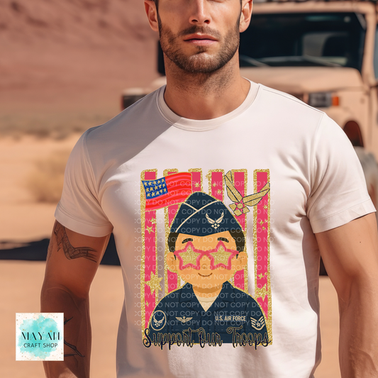 A man wearing a white t-shirt with a colorful graphic print of a U.S.