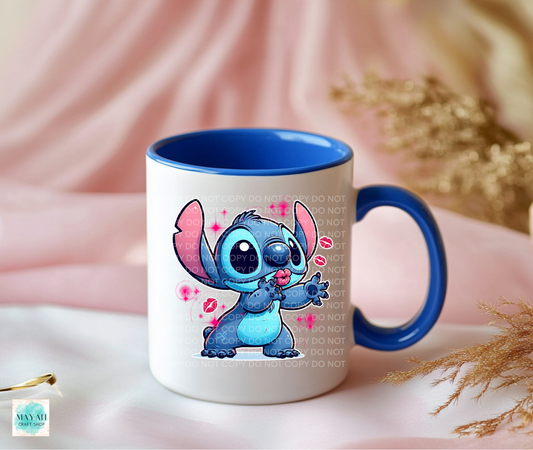 Mug with cartoon character on a soft pink background