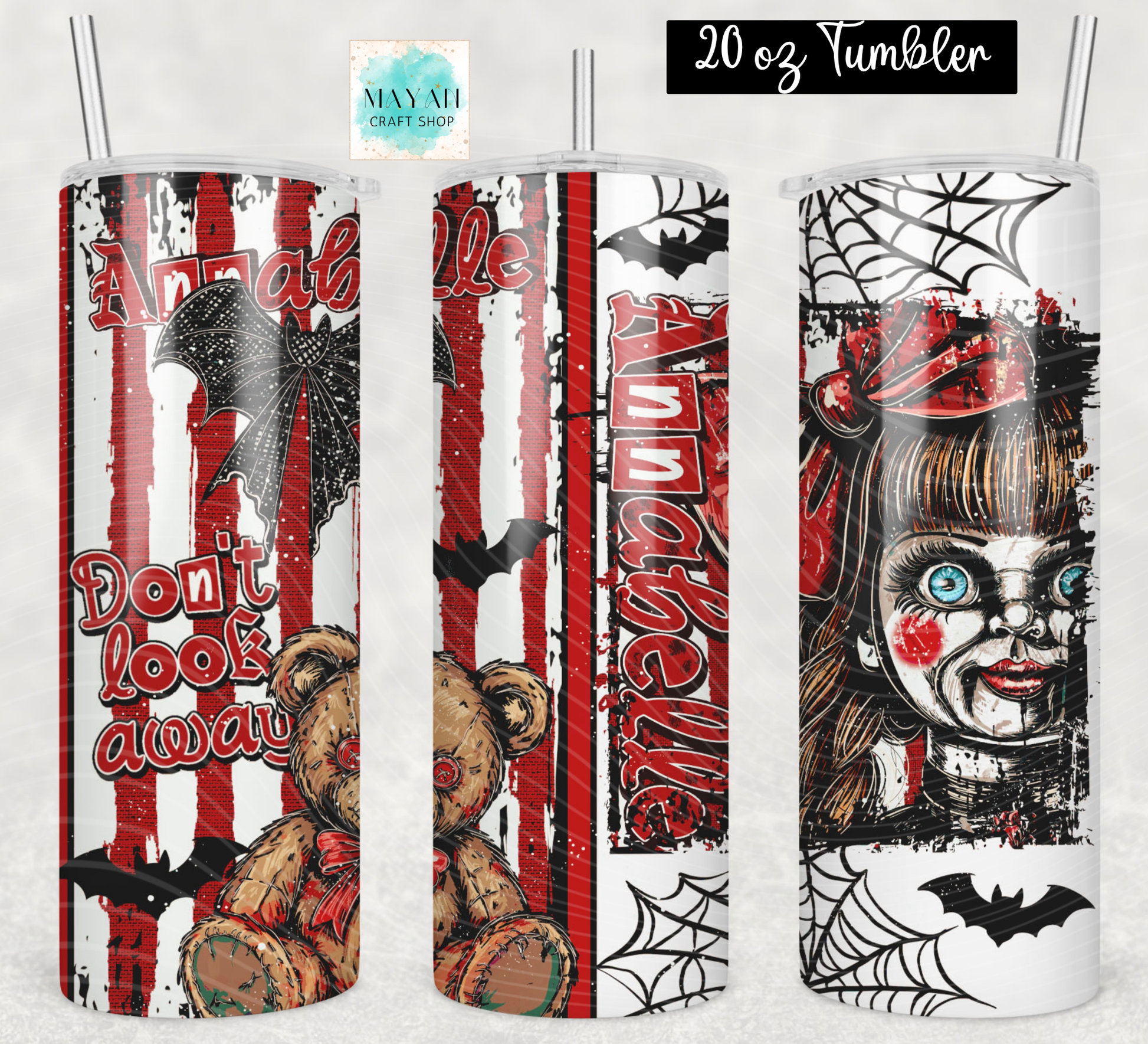 Three views of a 20 oz skinny tumbler with a Halloween-themed horror design a doll, a teddy bear, bats, spiderwebs, and red-and-white vertical stripes. The tumbler has a clear lid with a metal straw.