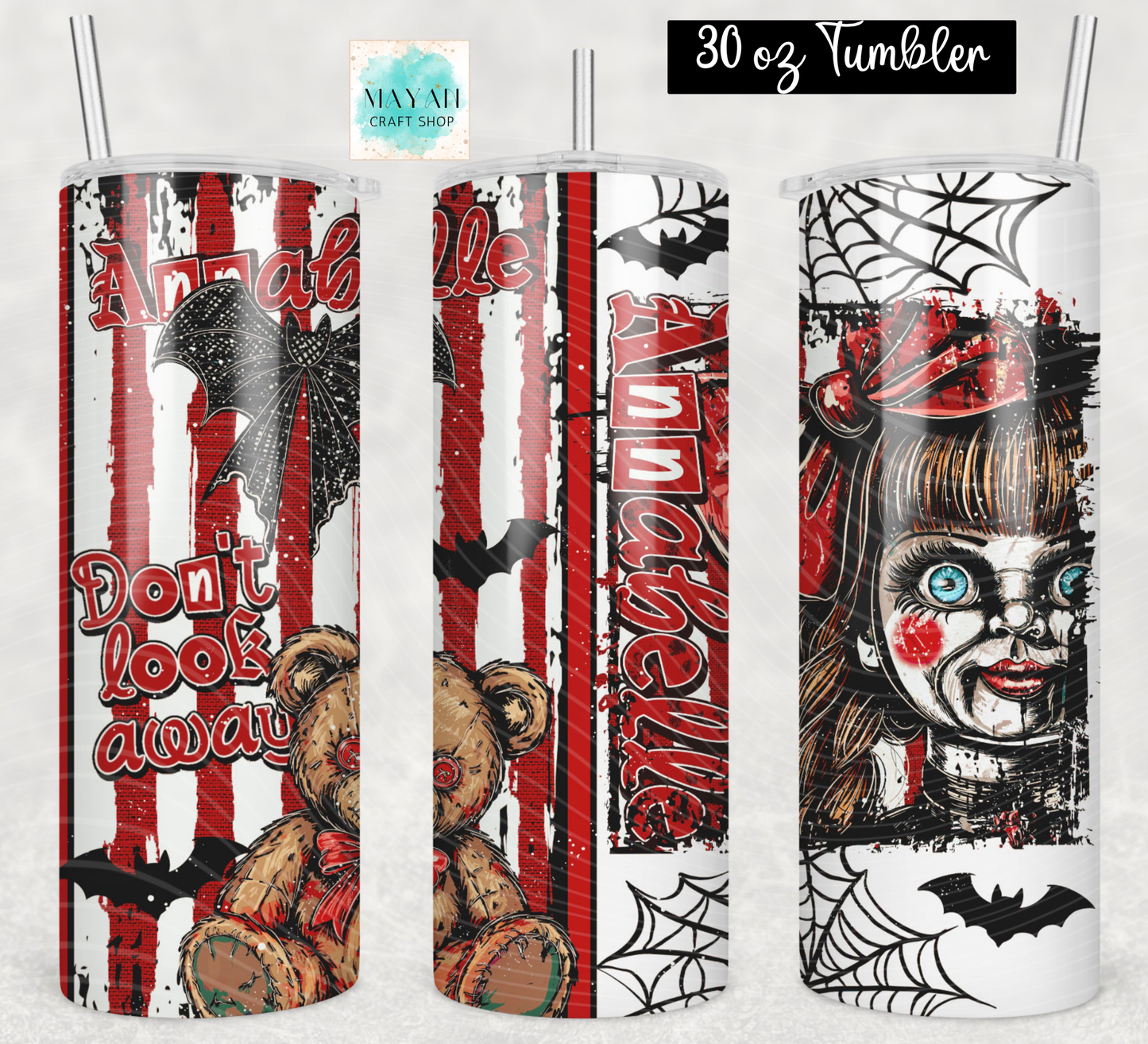 Three views of a 30 oz skinny tumbler with a Halloween-themed horror design featuring a spooky doll, a teddy bear, bats, spiderwebs, and red-and-white vertical stripes. The tumbler has a clear lid with a metal straw.
