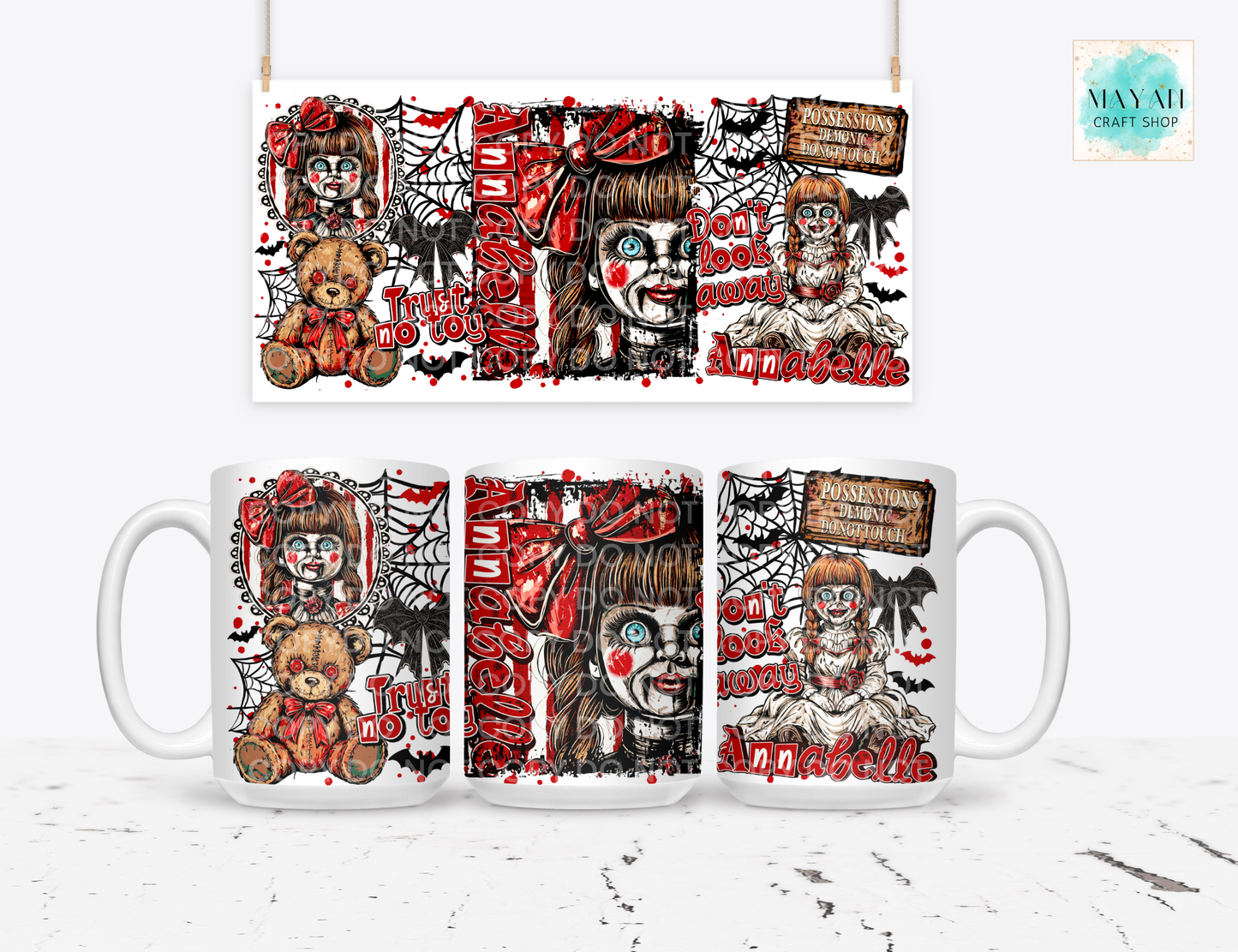 A white ceramic mug shown from multiple angles with a horror-themed printed design featuring a creepy doll, teddy bear, spiderwebs, and red text. 