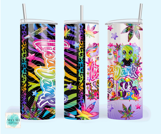 Three colorful tumblers with unique designs on a light blue background