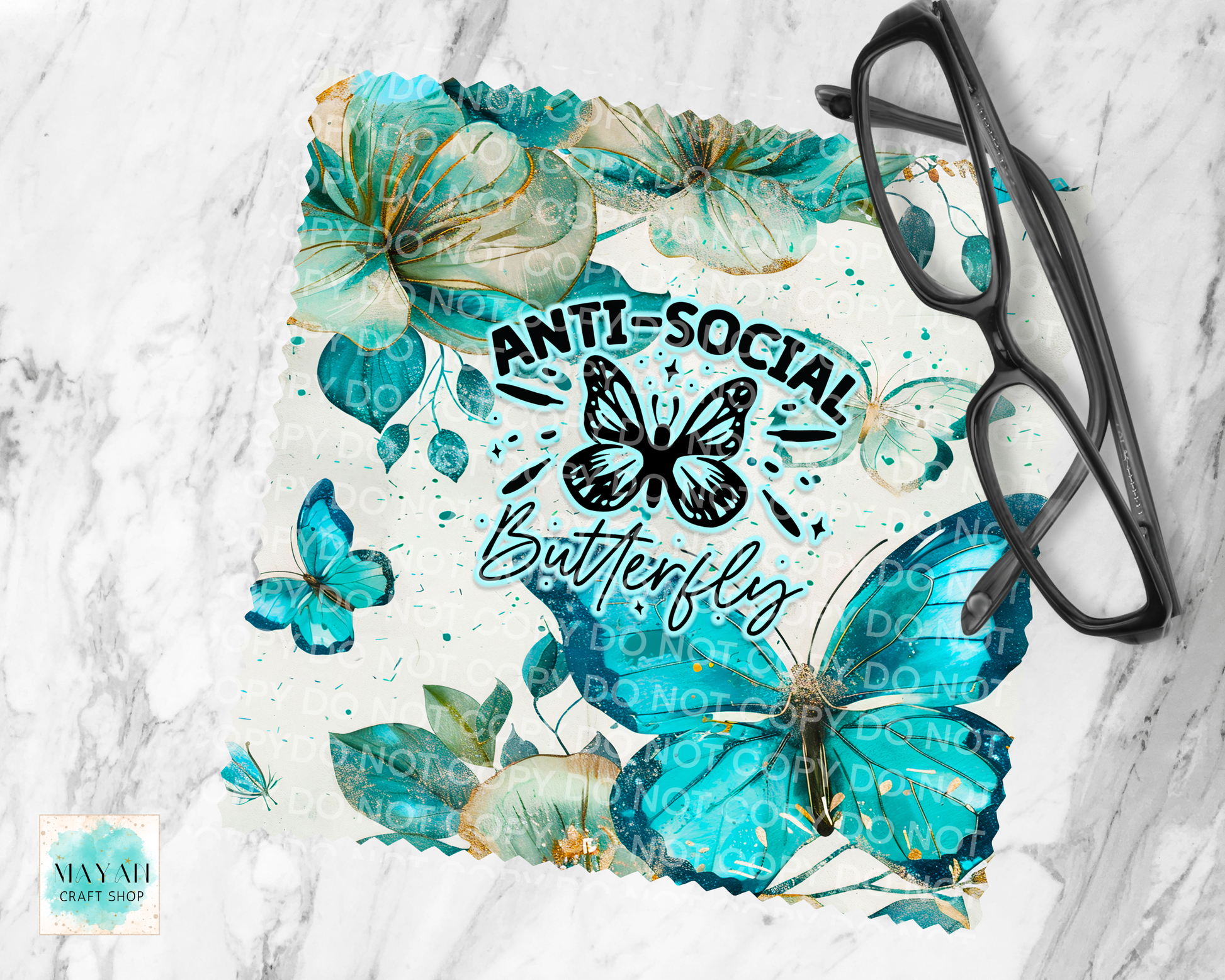 Decorative lens cloth cleaner with butterflies, flowers, and 'Anti-Social Butterfly' text on a marble background.