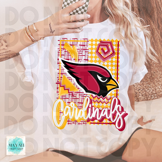 A woman wearing a white graphic T-shirt featuring Arizona football logo and the word in stylized lettering over a colorful geometric design. The photo is cropped from the shoulders to the hips, with a phone held up to take a mirror selfie.