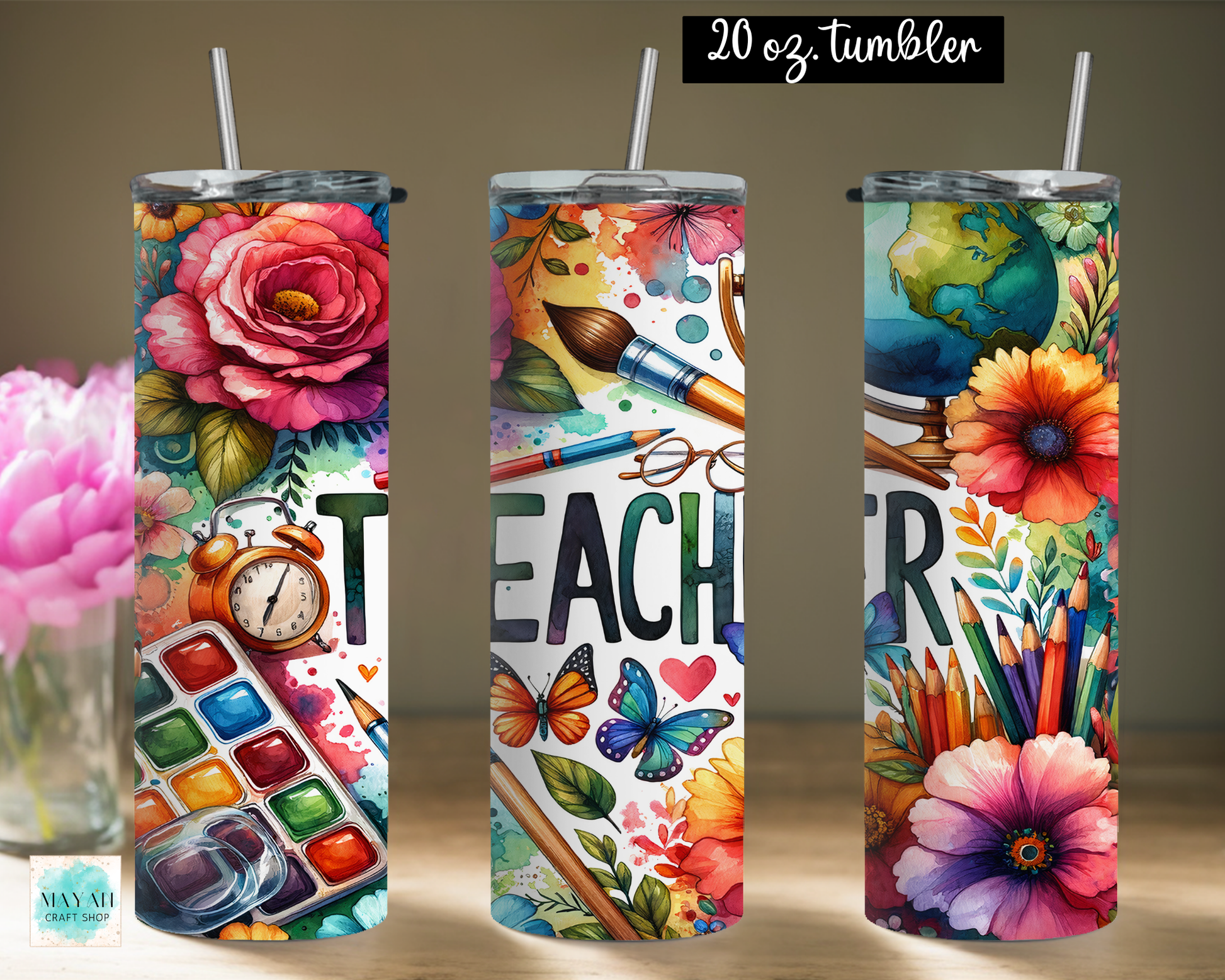 Three tall skinny tumblers with straws shown side by side, each featuring a colorful watercolor-style teacher-themed design with flowers, paintbrushes, butterflies, pencils, a water palette, and the word TEACHER. 