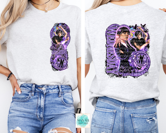 Ash grey t-shirt with purple graphic design on a plain background