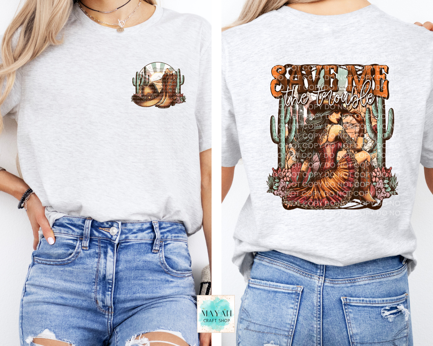 Two people wearing white t-shirts with graphic designs, one featuring a cactus and the other with a desert scene.