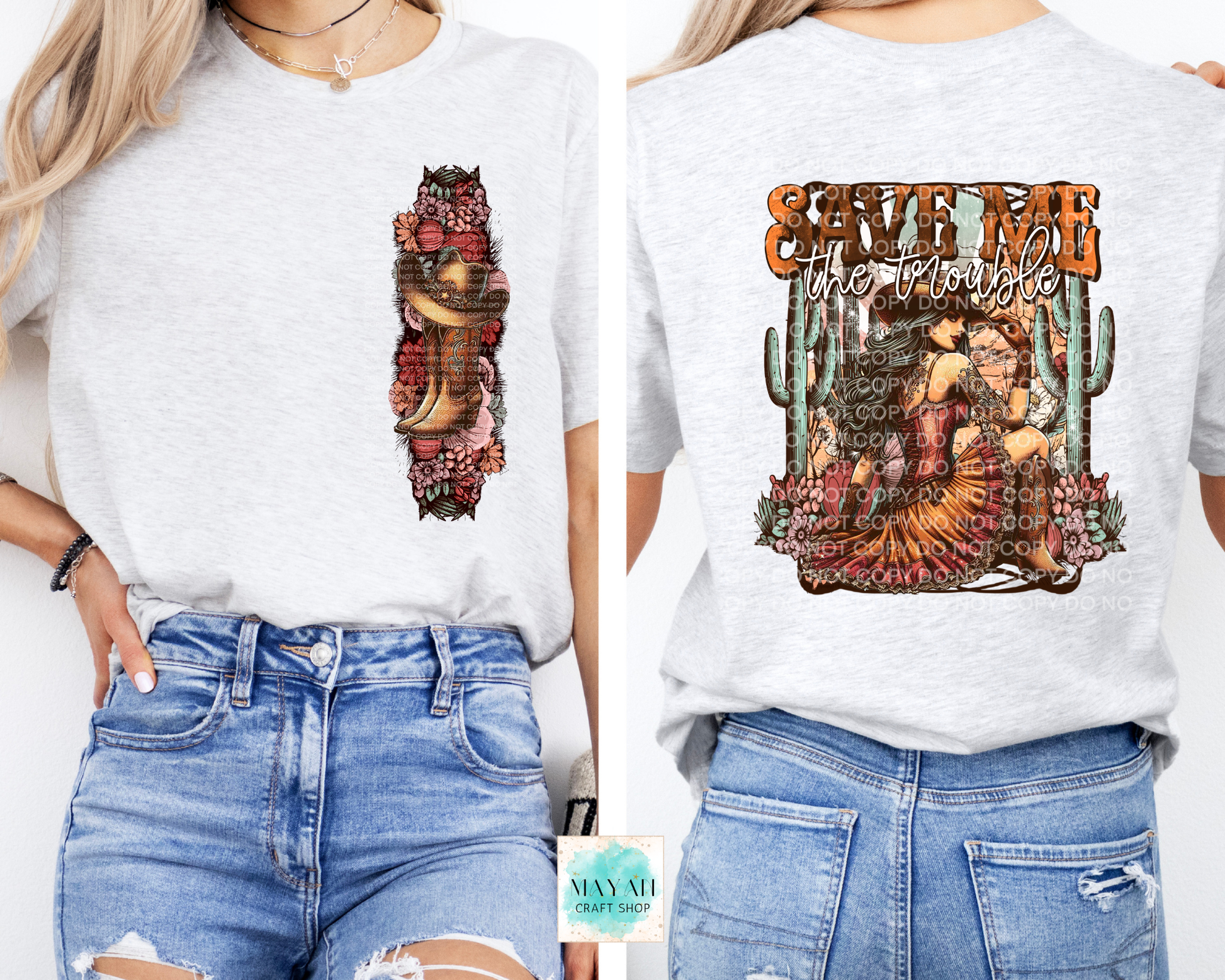 Two people wearing white t-shirts with colorful graphic designs, one featuring a bear and flowers, the other with text and desert scene.