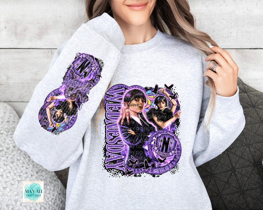 Purple design in ash grey sweatshirt with sleeve design.