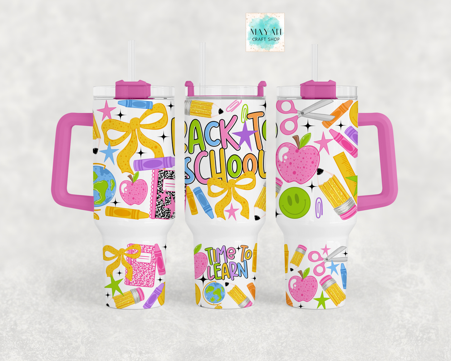 Back to school hot pink tumbler.