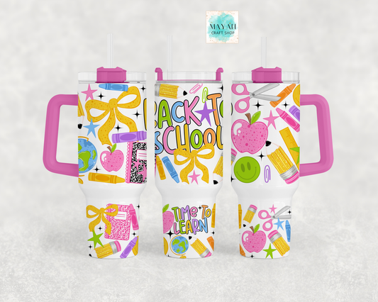 Back to school hot pink tumbler.