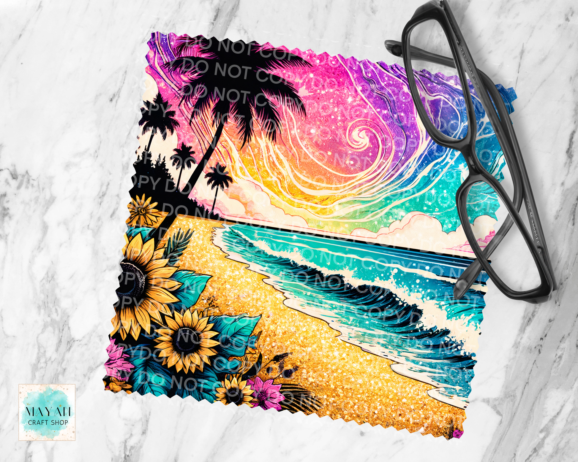 Colorful beach-themed lens cloth cleaner with sunglasses on a marble surface