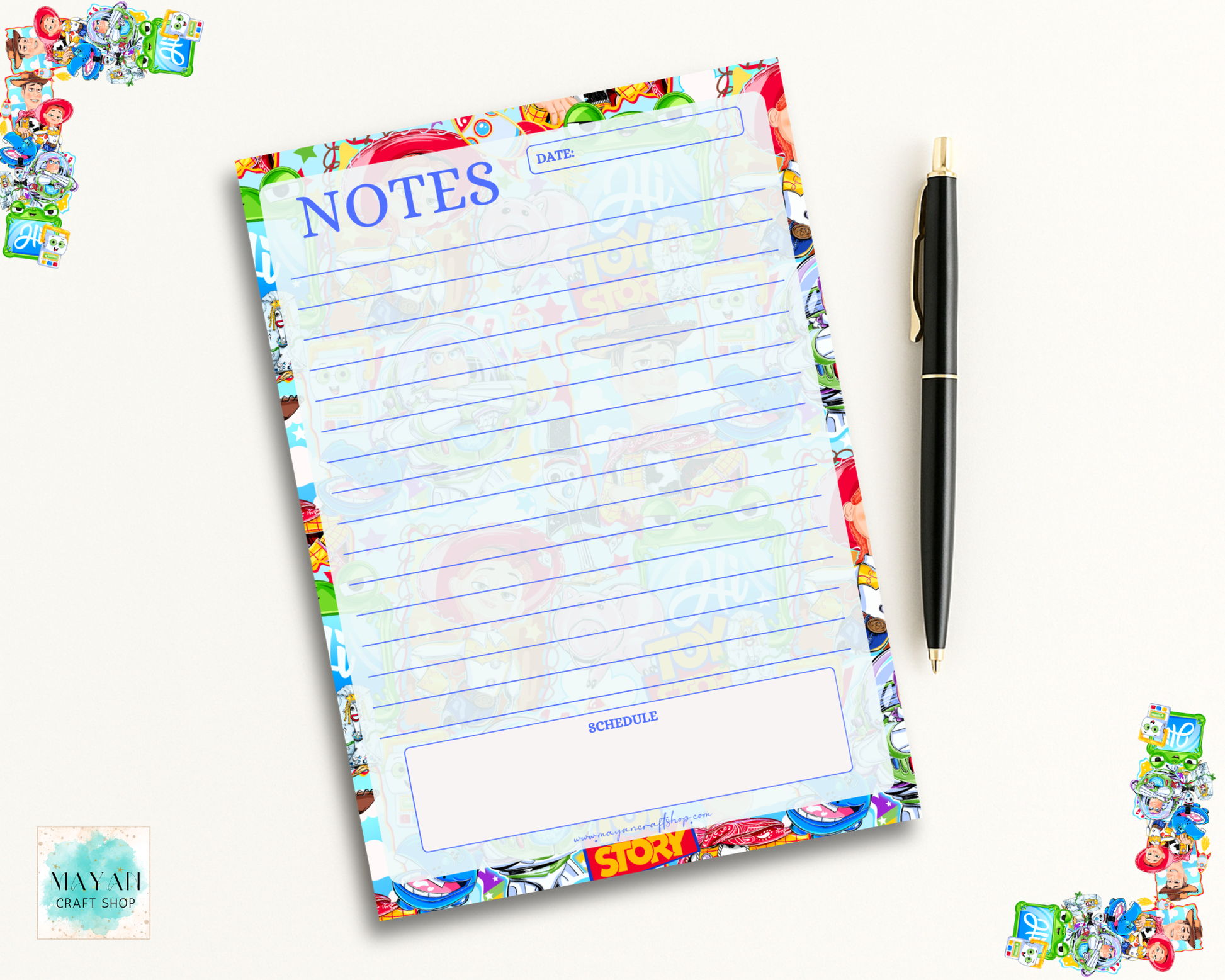 Colorful notepad with cartoon character border and a pen on a white background