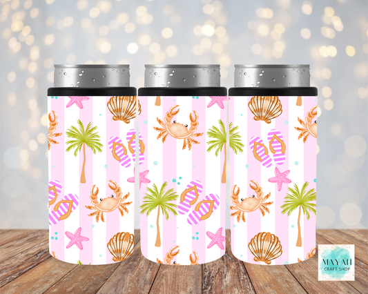 Three insulated can coolers with a beach-themed design on a wooden surface.