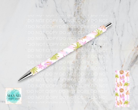 Summer pen and case on a marble surface.