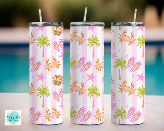 Three tumbler with beach-themed design featuring palm trees, crabs, and shells on a pink background.