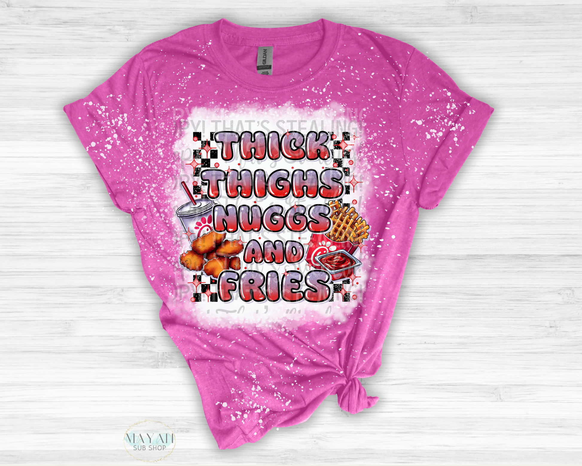 Thick Thighs Nuggs and Fries Bleached Shirt - Mayan Sub Shop