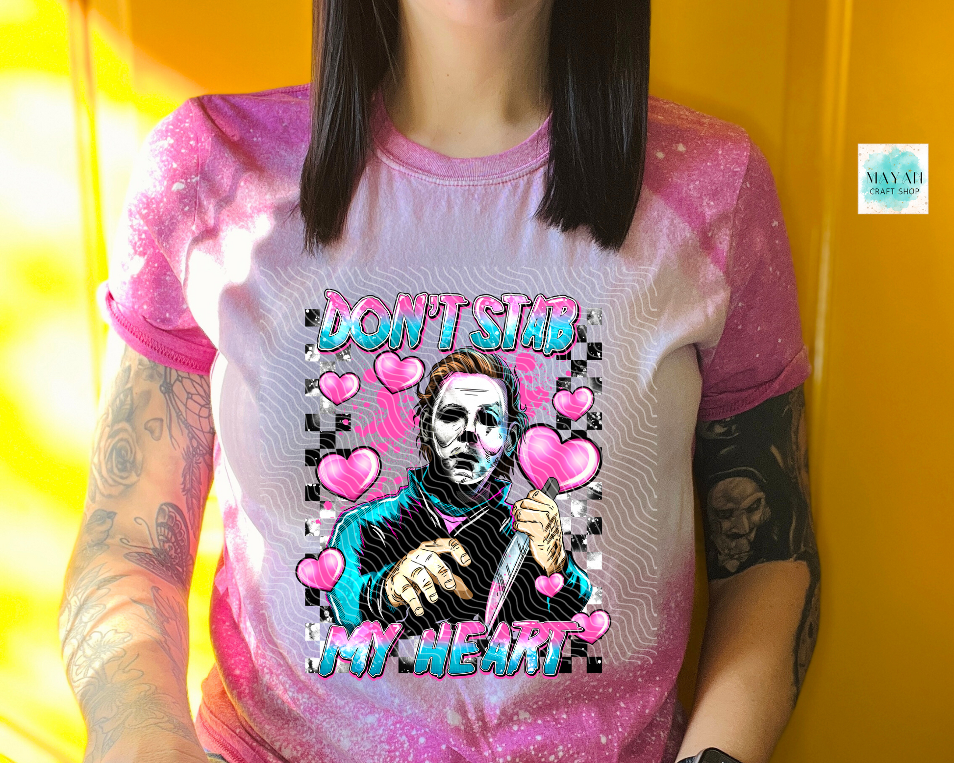 Don't stab my heart bleached heather berry shirt. -Mayan Craft Shop