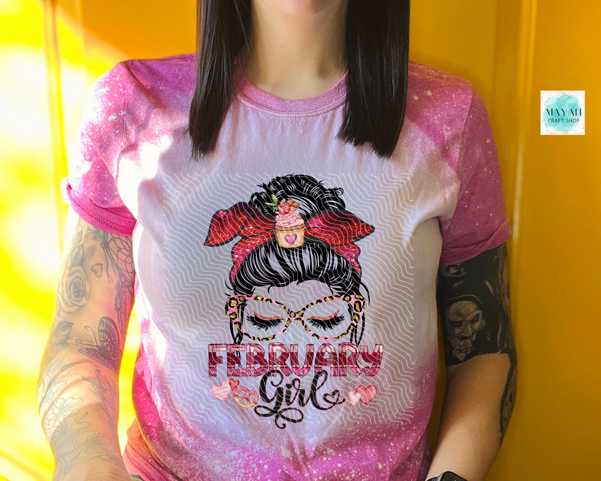 February girl bleached heather berry tee. -Mayan Craft Shop