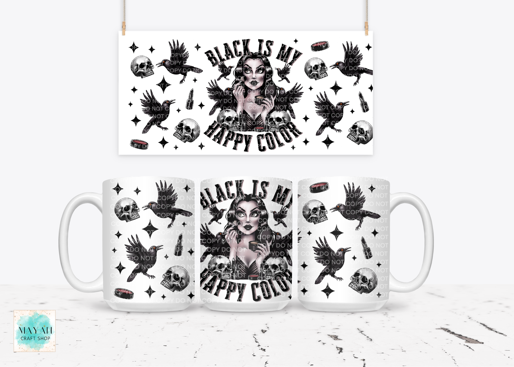 Mugs with black and white design featuring a woman and birds on a white background