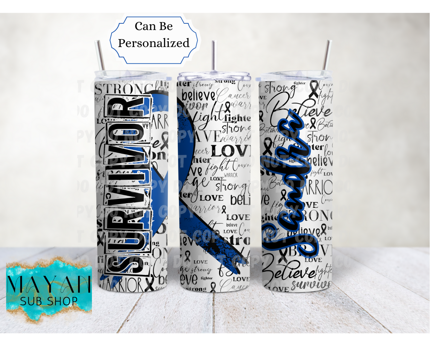 Dark blue cancer survivor ribbon 20 oz. skinny tumbler. -Mayan Sub Shop