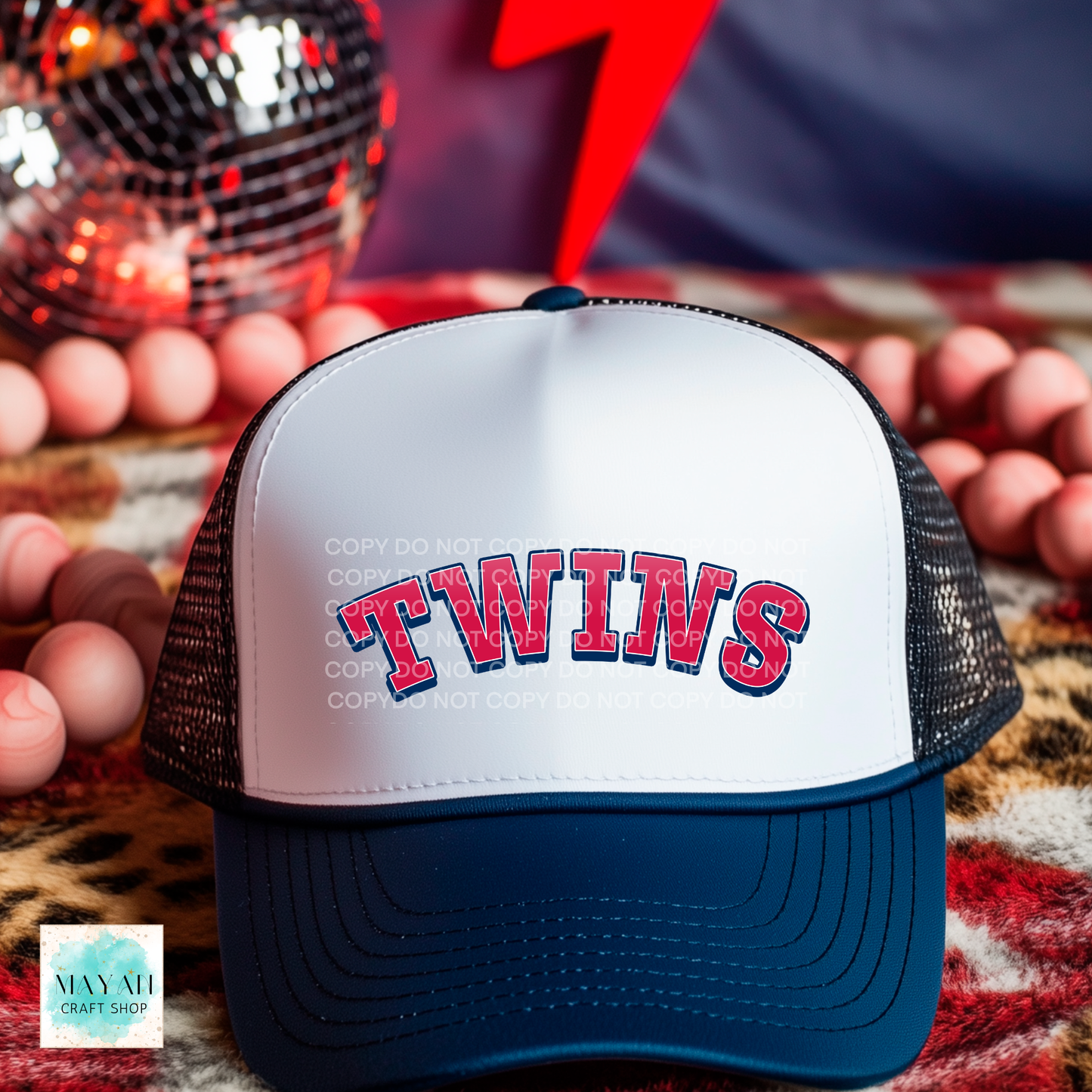 Trucker hat with a baseball text on a colorful background