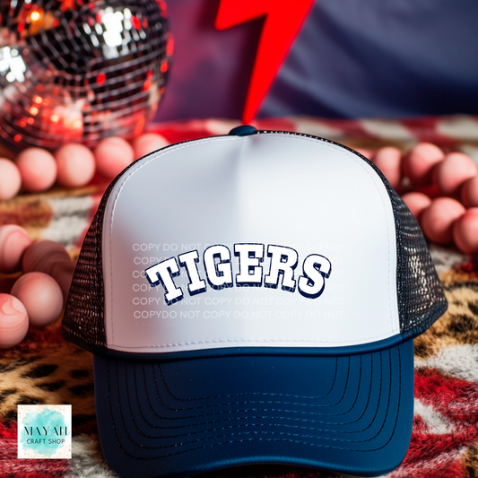 Trucker hat with baseball logo text on a colorful background