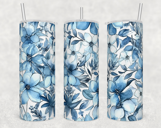 Blue flowers 20 oz. skinny tumbler. - Mayan Sub Shop