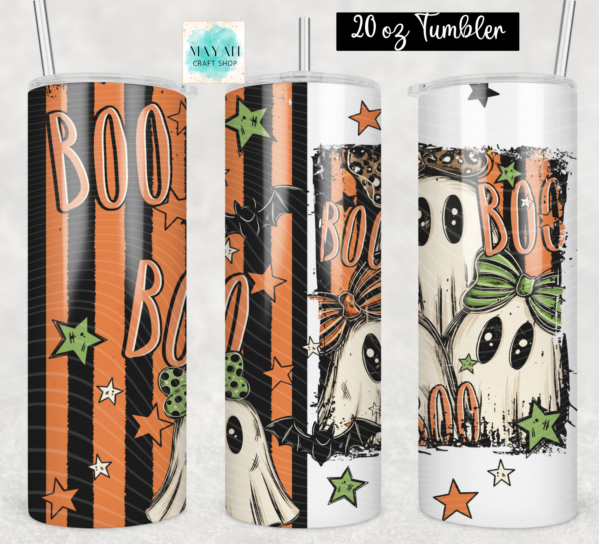 Three views of a 20 oz skinny tumbler with a Halloween theme, featuring orange and black stripes, ghosts, bats, stars, and the word 'BOO'. The left tumbler has a black base with orange stripes and peach 'BOO' text.