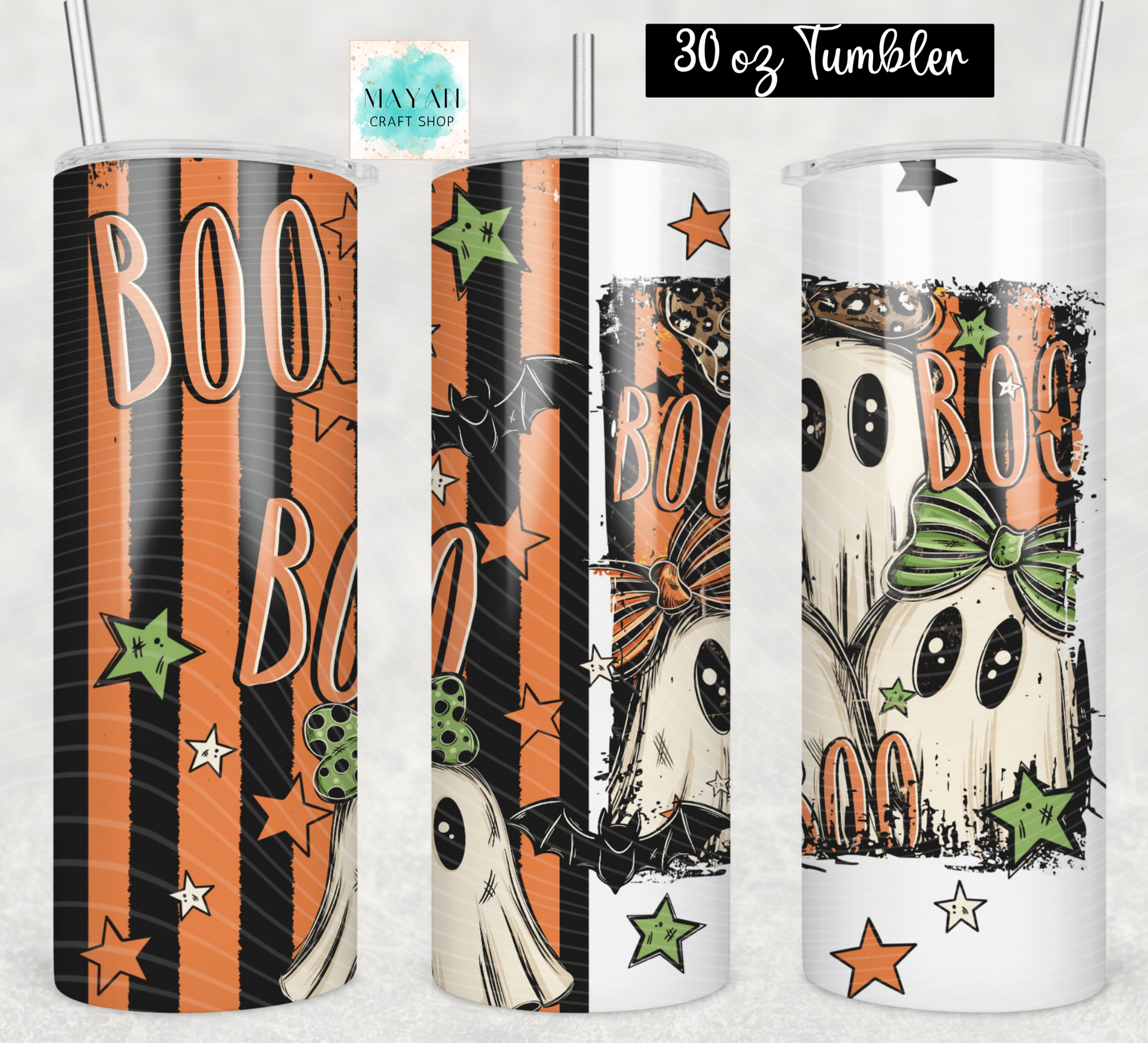 Three views of a 30 oz skinny tumbler with a Halloween theme, featuring orange and black stripes, ghosts, bats, stars, and the word 'BOO'. The left tumbler has a black base with orange stripes and peach 'BOO' text.