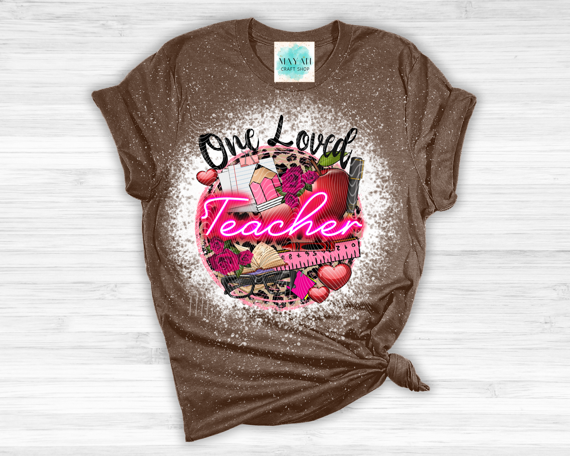 One loved teacher heather brown bleached shirt. -Mayan Craft Shop