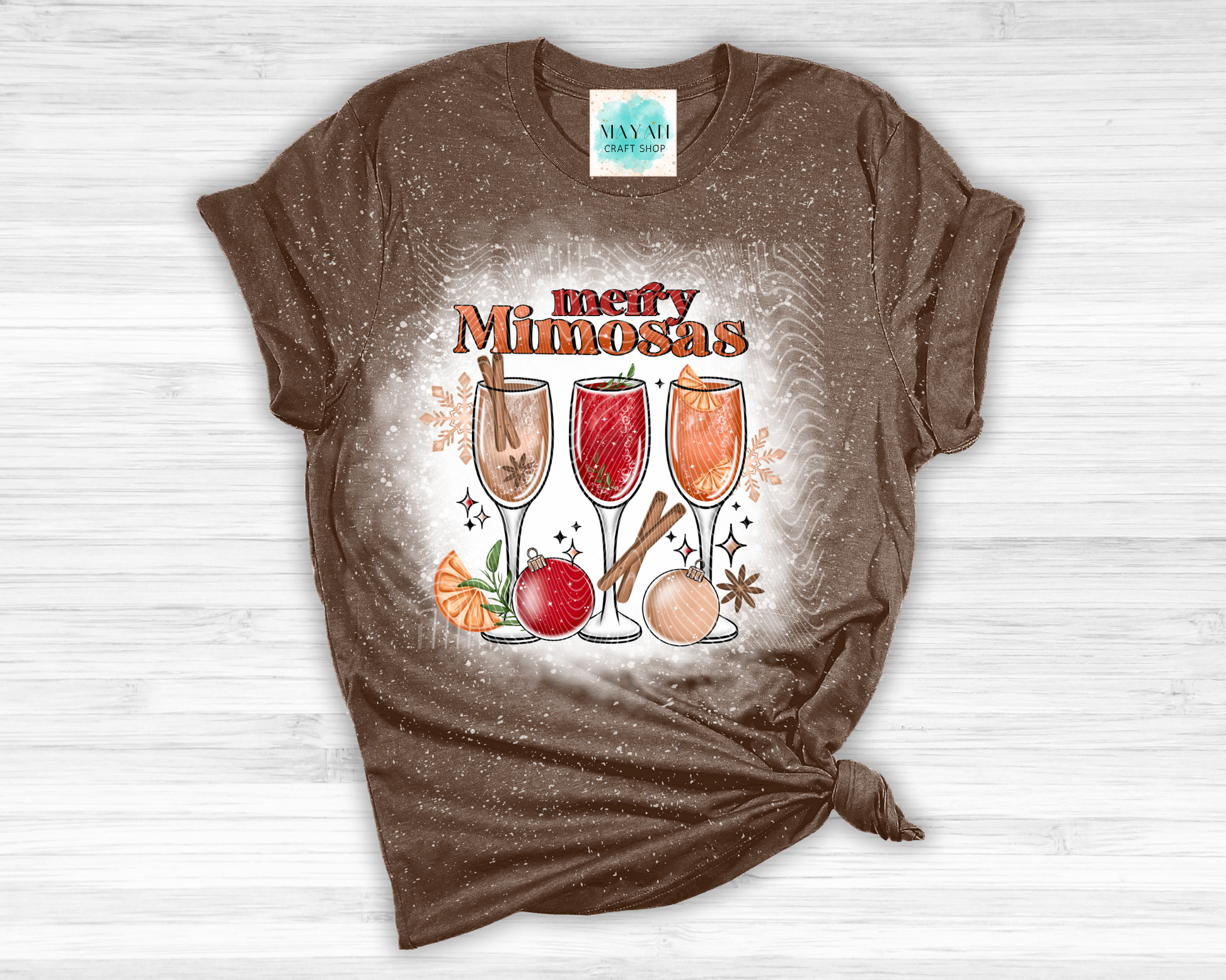 Merry mimosas heather brown bleached tee. -Mayan Craft Shop