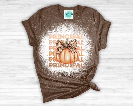 Brown t-shirt with 'Principal' text and pumpkin graphic on a white wooden surface