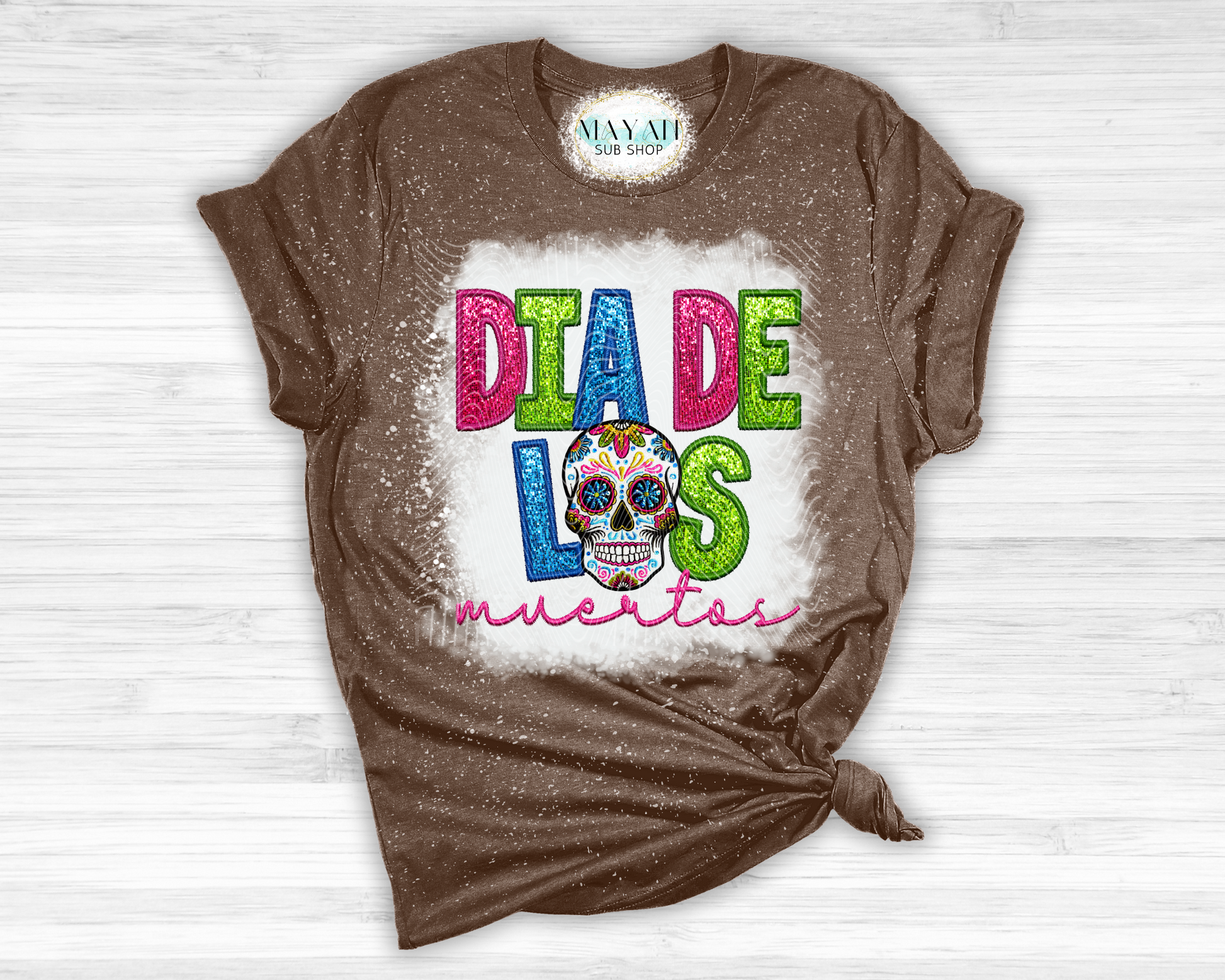 Dia de los muertos sugar skull heather brown bleached tee. -Mayan Sub Shop