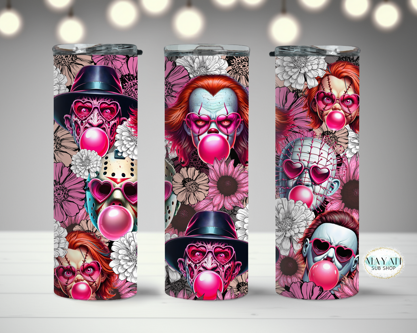 Horror bubble gum floral tumbler. -Mayan Sub Shop