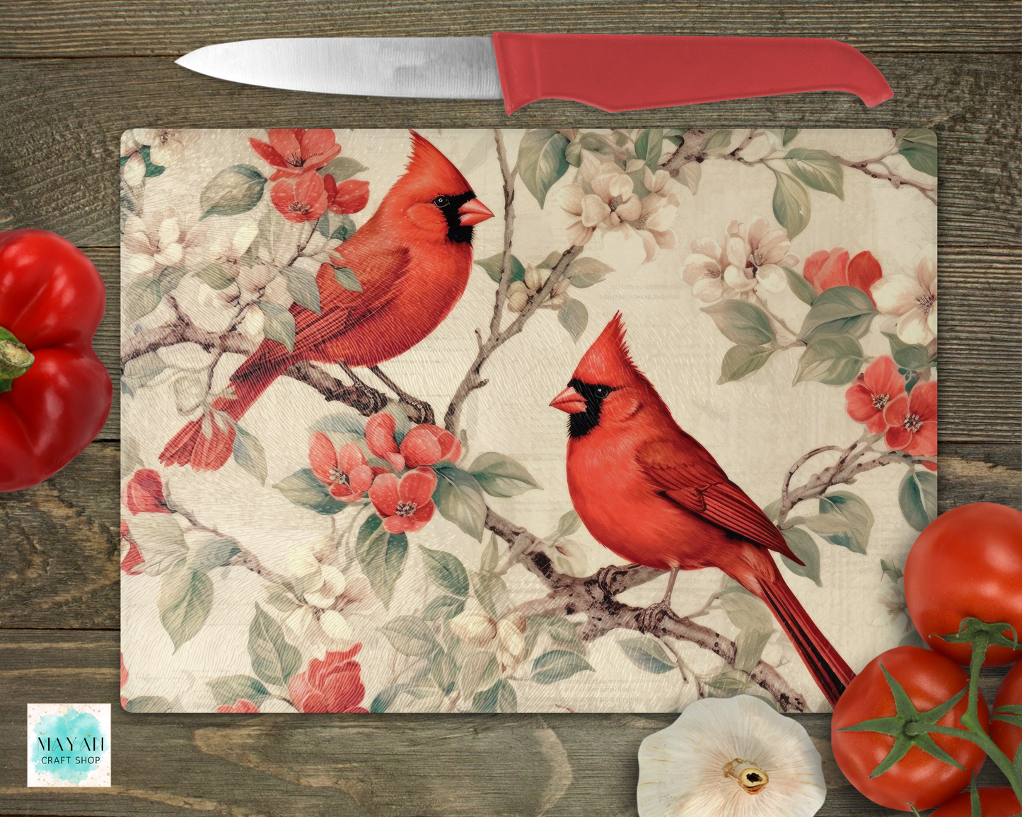 Cardinals cutting board. -Mayan Craft Shop