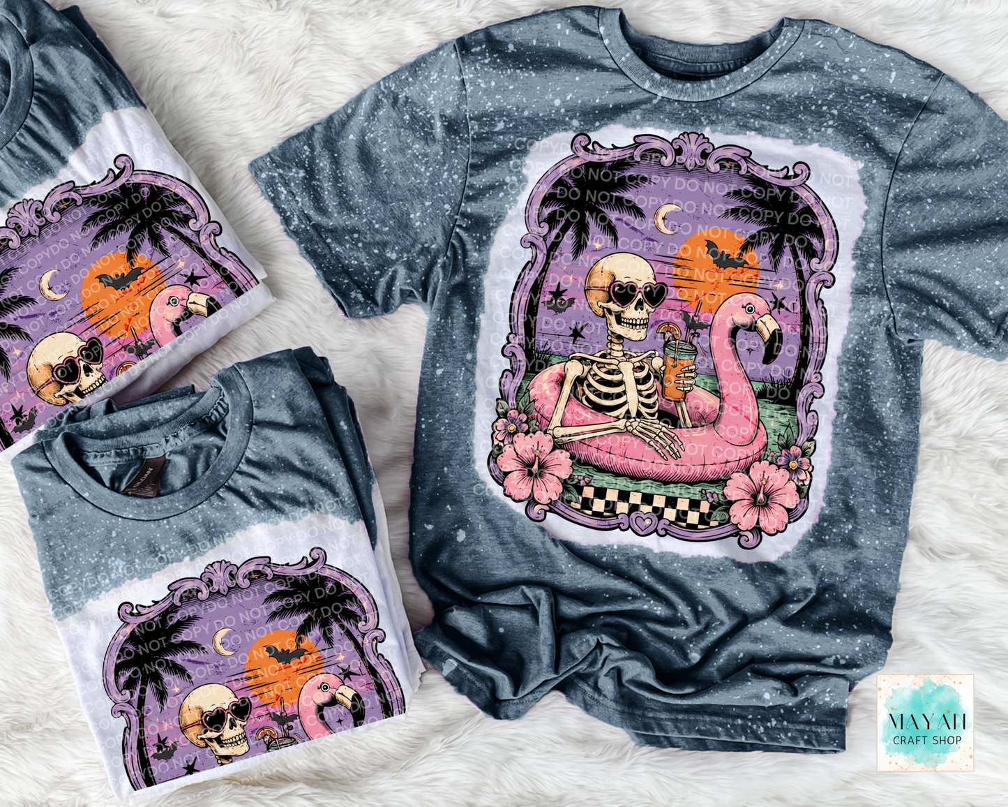 T-shirt with a skeleton and flamingo design on a textured surface