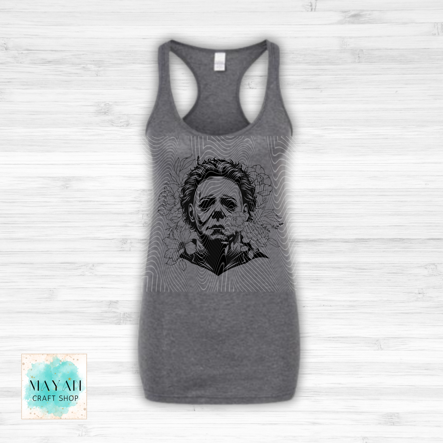 Gray tank top with a graphic design on a white background